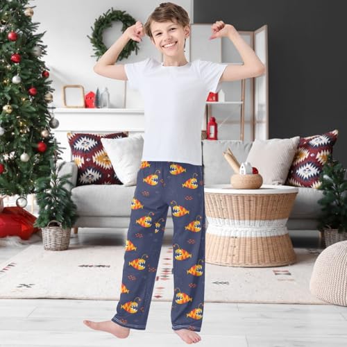 Boy's Pj Pants Cute Yellow Orange Fish Lounge Bottoms Elastic Waist Kids Joggers with Pockets Size 6-142