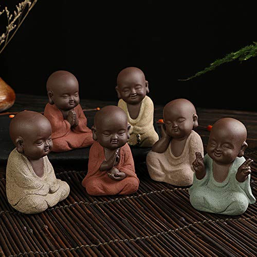 Kingzhuo Juego de 6 estatuas de cerámica de Buda sonriente, 6 piezas adorables figuras de monje para bebé, decoración del hogar, decoración del coche, 4 pulgadas de altura