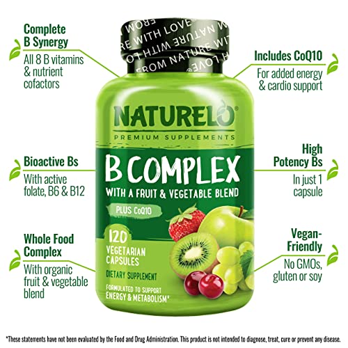 NATURELO Vitamin B Complex with Methyl B12, Methyl Folate, Vitamin B6