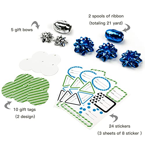 Maypluss Wrapping Paper Set - Mini Roll With Bow & Ribbon & Gift Tags & Stickers - 17 Inch X 120 Inch Per Roll - Green Stripe, Blue Polka Dots And Black Triangle Design (42.3 Sq.ft.ttl) #TOP3