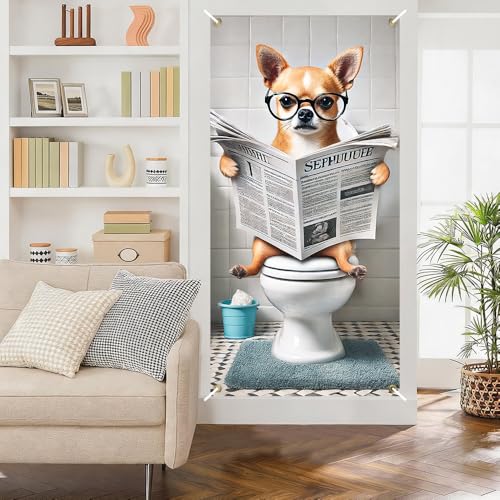 Image of Funny Chihuahua Toilet Newspaper Dog Door Cover 35x71in