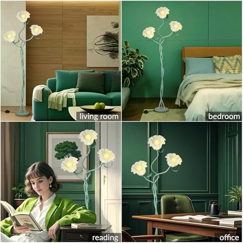 Vintage 3 Heads Flower Floor Lamp for Living Room,3 Color Modes LED Modern Corner Standing Lamp with Goosenecks, Bright Tall Cute Dimmable Lamp for Kids Reading Girls' Bedroom Office Home Decor(Green)