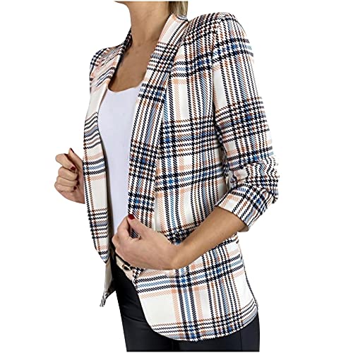 2021 Womens Plaid Blazer Jackets Fashion Long Sleeve Lapel Suits Coats Casual Lightweight Draped Open Front Slim Fit Cardigan