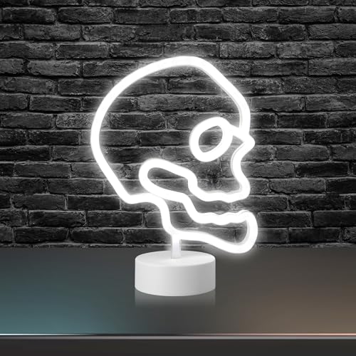 Image of Xtreme Skull Neon Sign, White LED Skull Tabletop Sign with Holder Base, Battery Powered, 4 Hour Timer, Desktop Decor for Boys, Night Light for Boys Room, Christmas or Birthday Gift for Boys