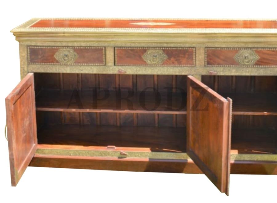 Image of APRODZ Hand-Painted Solid Wood Sideboard Cabinet with 3 Doors & 3 Drawers | Antique Brass Wooden Storage Cabinet for Bedroom Living Room & Kitchen | Crockery Cabinet, Kitchen Storage, 54x16x32