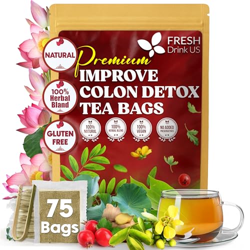 Image of FreshDrinkUS, Premium Improve Colon Tea | 75 Tea Bags | Herbal Tea Blend with Senna Leaves, Lotus Leaves, Hawthorn Berry, Ginger & More - Caffeine Free Botanical Tea - Natural Daily Herbal Infusion