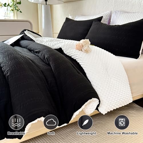 Image of tohrisa Boho Comforter Set King Size Striped Pleats Bohemian Seersucker Bedding Set All Season Soft Cozy 3 Pieces Quilt with 2 Pillowcases(104 inchX90 inch Black)