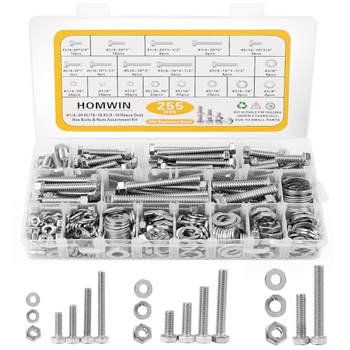 Homwin 255Pcs Kit de boulons et écrous en acier inoxydable, 1/4-20, 5/16-18, 3/8-16 Ensemble de boulon et d'écrous, Kit d'assortiment à vis assorties Argent