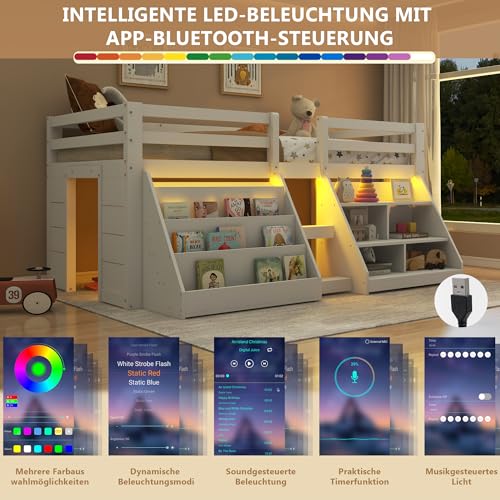Kinderbett Halbhochbett 90x200 mit LED Beleuchtung, Einzelbett mit Treppe & Aufbewahrungsschrank, Stauraumbett Holzbett Funktionsbett Jugendbett mit Rausfallschutz & Lattenrost, Weiß, ohne Matratze