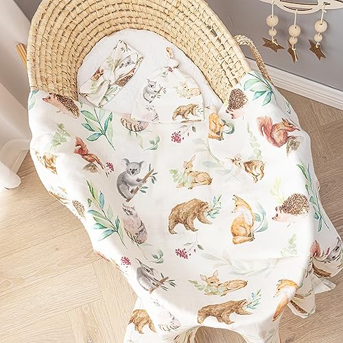 Image of BabyWhale Muslin Swaddle Blanket with Hat and Headband Bow, Animals Print Swaddle Set for Baby Boys & Girls, Newborn Silky Soft Receiving Blanket Wrap, 47x47 inches