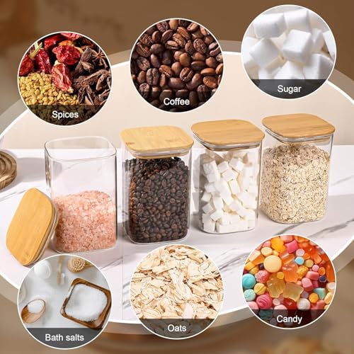 Image of MARTVIA Glass Food Storage Jars with Bamboo Lids 1200ml Set of 6, Wide Mouth Lid Jar for Home Kitchen,Flour, Sugar, Coffee, Pasta, Oats, Grains, Cookies, Snacks (Sqaure 1200 ML Jar, SET OF 6)