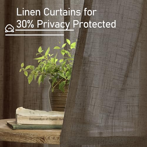 LAMIT Linen Curtains 45 Inch Length 2 Panels, Light Filtering Panels Back Tab and Rod Pocket Neutral Drapes for Kitchen/Window/Loft Room/Bedroom, 34 x 45 Inch Dark Brown