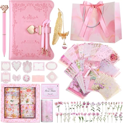 Janlaugh DIY Journal Diary with Lock Pack Scrapbook Kit Stationery Diary Supplies Art Crafts Kit for Birthday Holidays Ideal Gifts for Teen Girls(Pink Classic)