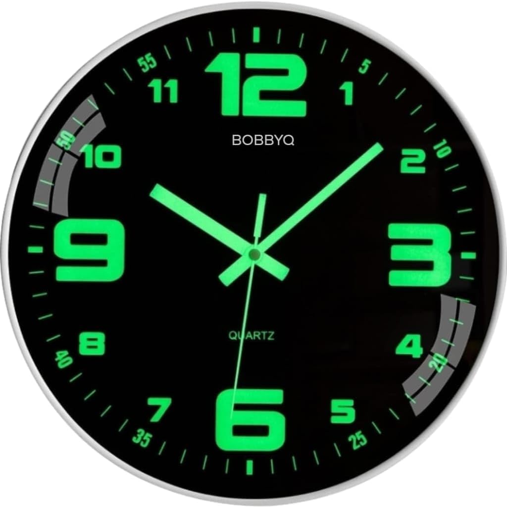 BOBBYQ Modern Night Light Wall Clock, 12 inch Silent Non-Ticking Clock with Glow in The Dark Function, Battery Operate Lighted Wall Clock for Living Room Kitchen Bedroom Decor (White)
