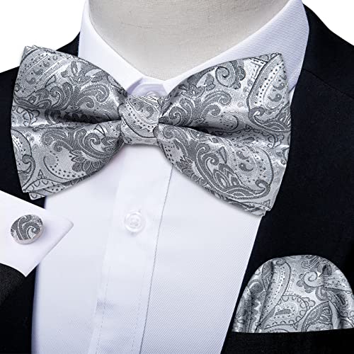 Image of DiBanGu Paisley Pre-Tied Bow Ties for Men Silk Adjustable Bowtie and Pocket Square Cufflinks for Wedding Party