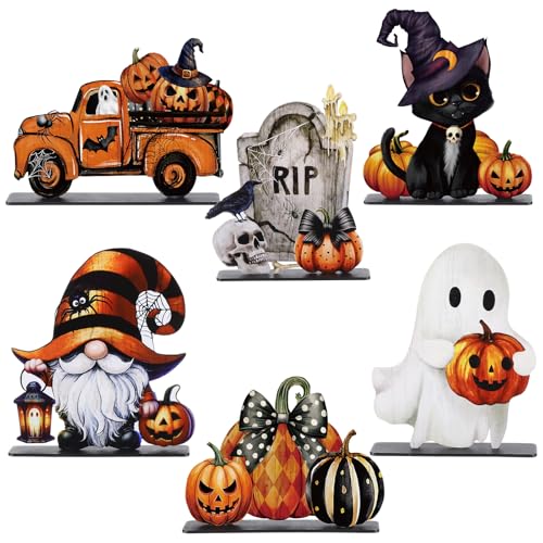 Yalikop Set of 6 Wooden Halloween Table Top Decorations Retro Halloween Decor Rustic Ghost Pumpkin Gnome Black Cat Rip Tombstone Truck Tabletop Decor for Office Home Farmhouse Holiday Indoor