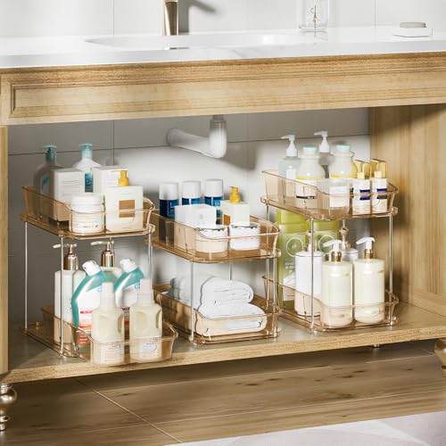 Image of Delamu 2-Tier Under Sink Organizers and Storage, Multi-Purpose Stackable Bathroom Cabinet organizers, Pull Out Kitchen Pantry Organization and Storage with Dividers(3 Pack, Amber)