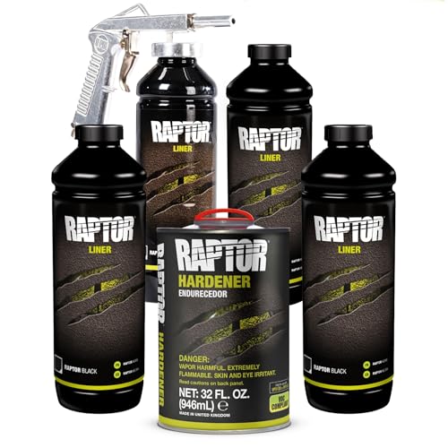 U-POL Raptor Black Urethane Spray-On Truck Bed Liner Kit, 2K Protective Coating with Spray Gun, UV Resistant, DIY Bedliner for Trucks, 4 Quarts