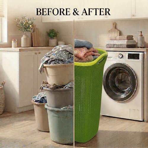 Image of Plastic Laundry Basket with Lid | 60L Extra Large Knit Hamper | Strong & Durable | Ideal for Bathroom, Bedroom & Kids Room | Multipurpose Cloth Storage Organiser | 36 x 46 x 61 cm | Olive Green