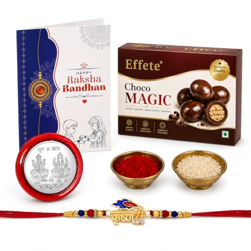 Rakhi with Chocolate for Brother – Krishna Design Multicolor Rakhi with Choco Magic Chocolate 32gm, Silver Colour Coin, Greeting Card & Tilak Set – Tr