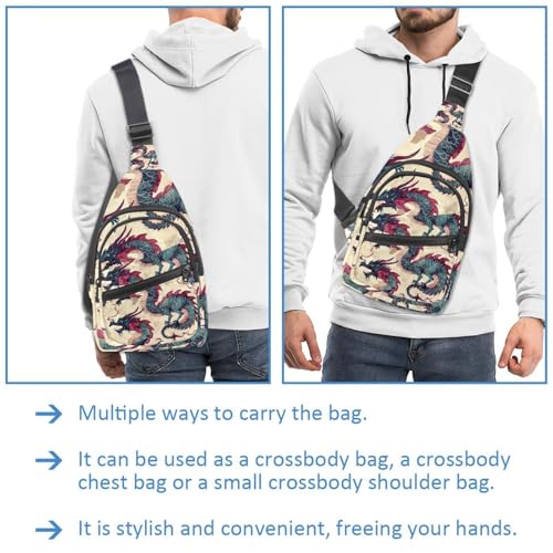 Mochila cruzada para correr y senderismo con estampado de dragón multicolor ajustable 3