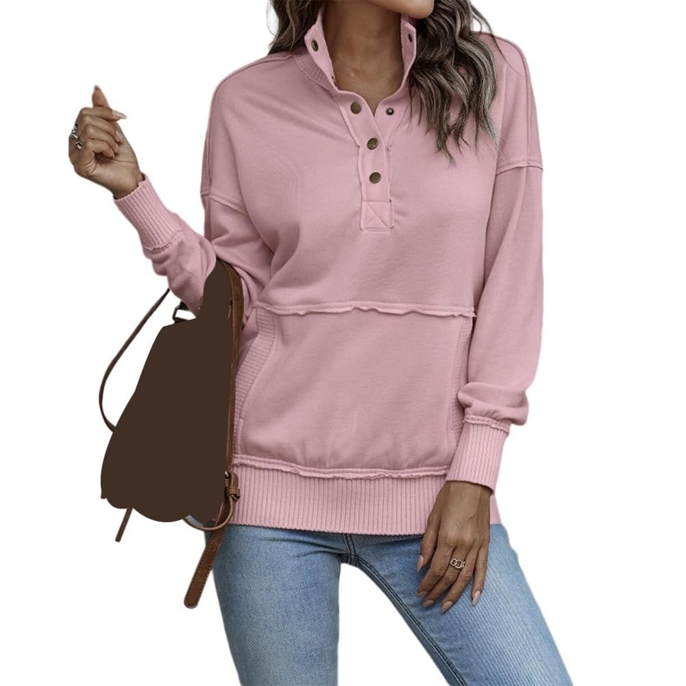 Generisch Damska bluza Henley z zapięciem na guziki i dekoltem w serek, luźna bluza z długim rękawem i luźnym swetrem