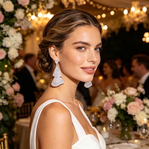 Classic Women Rhinestone Chandelier Layered Tassel Dangle Earrings (White) - image 2
