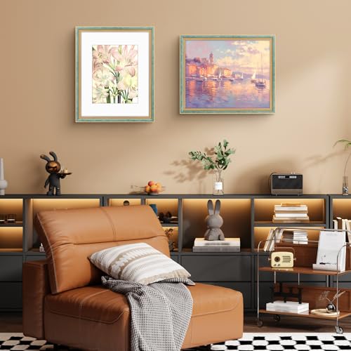 Image of Golden State Art,16x20 Ornate Picture Frame Holds 11x14 Photo,Blue Gold | Includes plexiglass front,white mat,build-in hangers and buttons.Displays 11x14 photo on wall