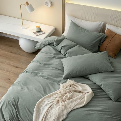 JIYUAN 100% Washed Cotton Duvet Cover Set 3 PCS Oversized King Plus, 1 Duvet Cover 128"x120"(Comforter Not Included) and 2 Pillowcases,Linen Feel Bedding Set Comfy and Breathable, Heathered Green