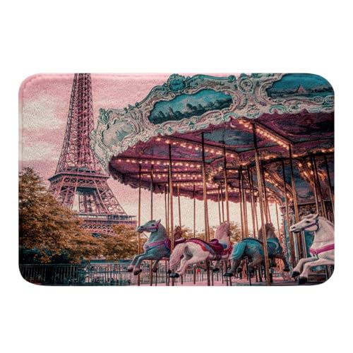 Loussiesd Tapis de bain pour enfants - Motif : Tour Eiffel - 50 x 80 cm - Tapis de bain antidérapant - Motif Paris - Carrousel romantique - Décoration de...
