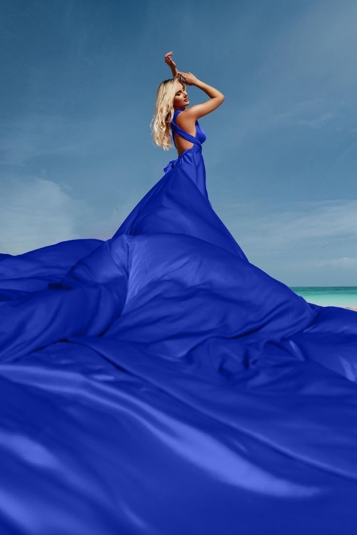 Royal Blue Long Tail Flying Dress for Women's Wedding, Maternity Photoshoot Santorini Flying Dress for Photoshoot | Long Tail Satin Maxi