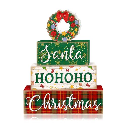 Britimes 4 Pcs Christmas Wreath Table Decor Christmas Tiered Tray Decorations Set Santa HoHoHo Stack Block Signs Gift Rustic Farmhouse Tabletop Decor for Table & Home Office