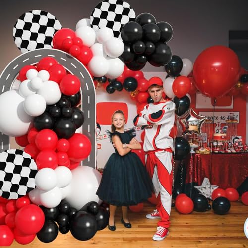 Image of Racing Car Balloons Arch Garland Kit, Red and Black White Checkered Foil Balloons Garland Kit, Wheels Balloon for Boys Birthday Baby Shower Race Car Theme Party Decorations Supplies