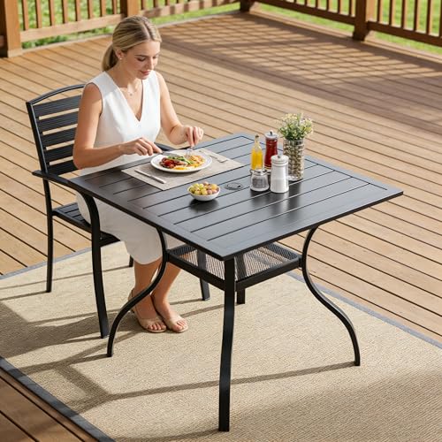 Image of SUNCROWN 37 inch Black Patio Outdoor Dining Table Metal Steel Slat Square Bistro Table for Porch Deck Garden Backyard Poolside, 1.57 inch Umbrella Hole