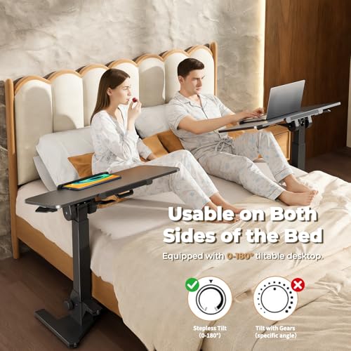 Image of JOY worker Foldable Overbed Bedside Table, 180 Tiltable Mobile Standing Desk with Wheels, 31.5 inch Pneumatic Height Adjustable Rolling Laptop Desk for Home & Hospital Use, Easy Storage, Black
