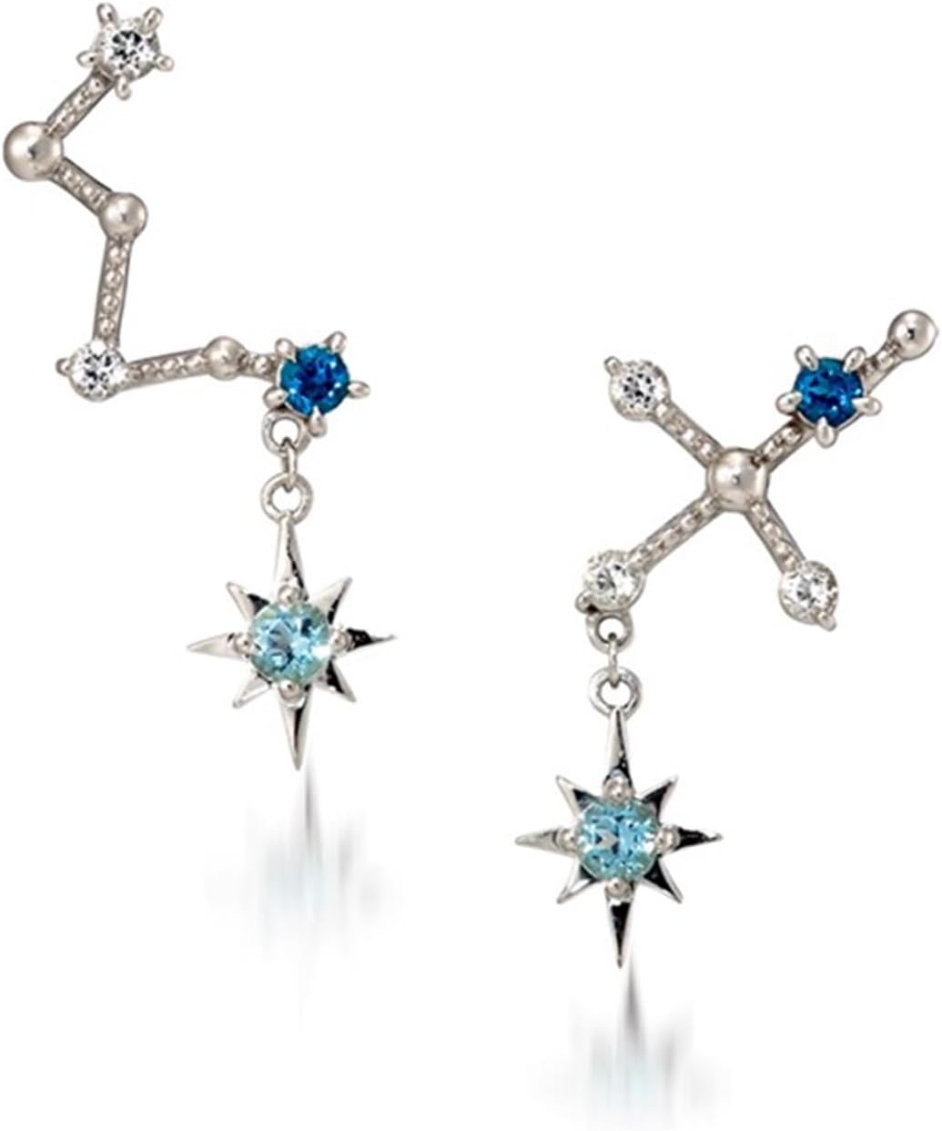18K Gold Plated Sterling Silver Night Sky Stud Earrings, Asymmetric Cassiopeia & Southern Cross Stars with Blue Topaz Accent, Elegant Gift for Women Who Love the Stars