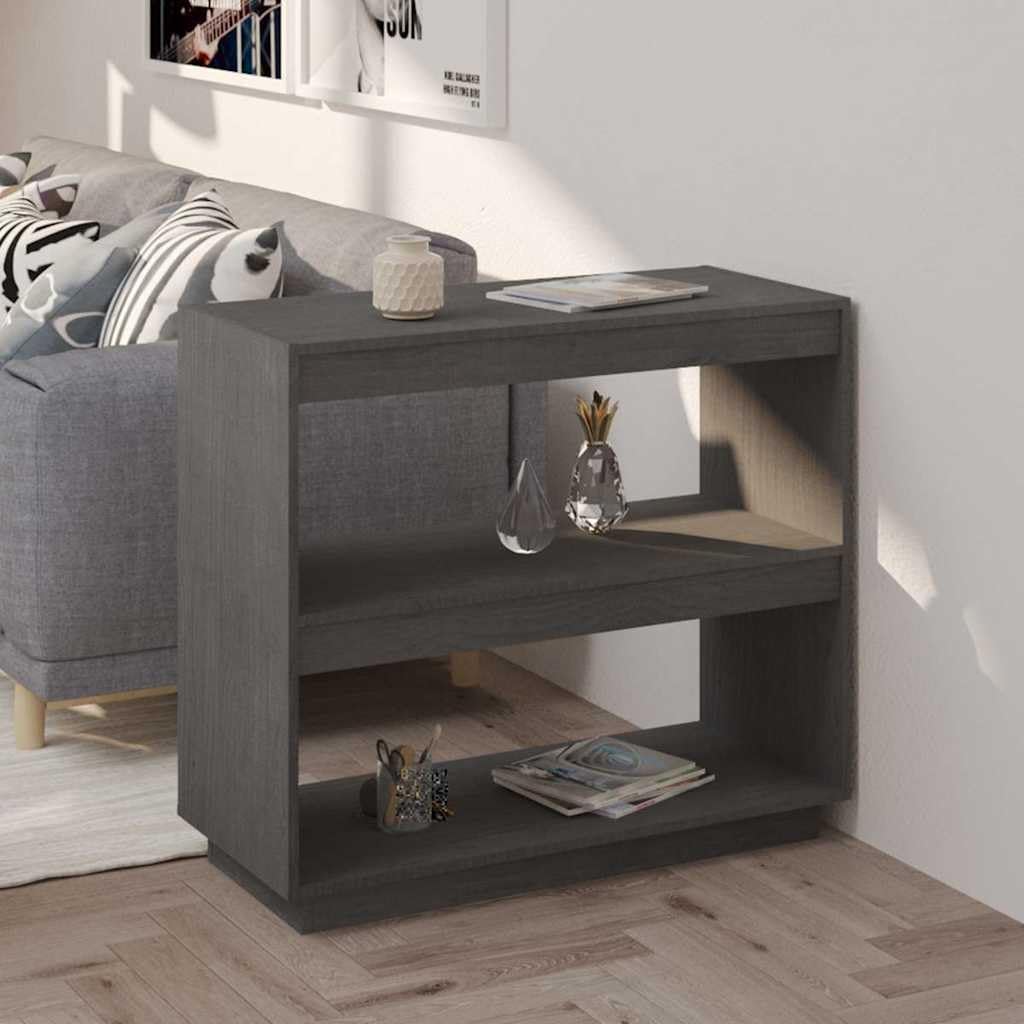 Libreria in Legno Massello di Pino Grigia 80x35x71 cm | Scaffale salvaspazio a tre livelli per soggiorno e studio, ideale per organizzare riviste, multimedia e decorazioni.