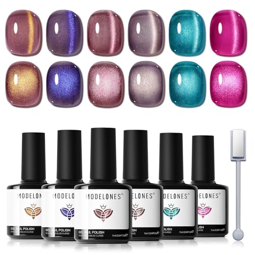 Modelones Esmaltes Semipermanentes para Uñas en Gel,6 Colores Kit Pintauñas Semipermanentes Uñas de Gel, Cat Eye Camaleón Rosa Violeta Azul