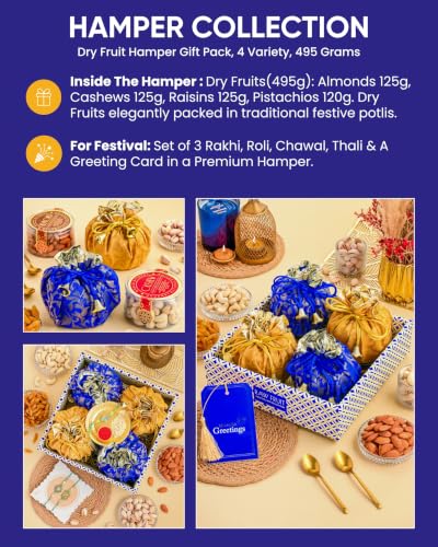 Image of Hyperfoods Rakhi for Brother with Dry Fruits Rawfruit's Handcrafted Potli Blue And Red with Thali Roli & Chawal Rakhi Gift Hamper for Brother Pack of 4 Cashew Almond Pistachios Raisins 495gm With Set of 3 Meena Rakhi