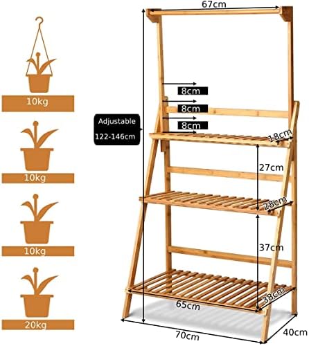 TANGZON 3-Tier Folding Plant Stand, Bamboo Flower Ladder Shelf with Hanging Rod, Display Potted Holder Storage Rack for Balcony, Garden and Patio
