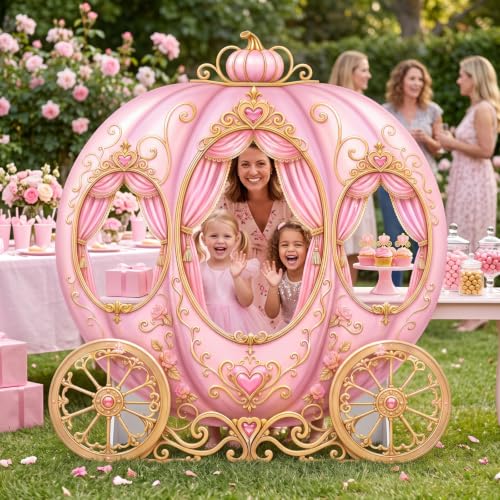Image of Qunclay 4.5 ft Princess Carriage Cardboard Cutout Pink Fairy Tale Princess Party Decoration Life Size Photo Booth Prop Standee Stand up 3D Display Backdrop Decor for Birthday Baby Shower