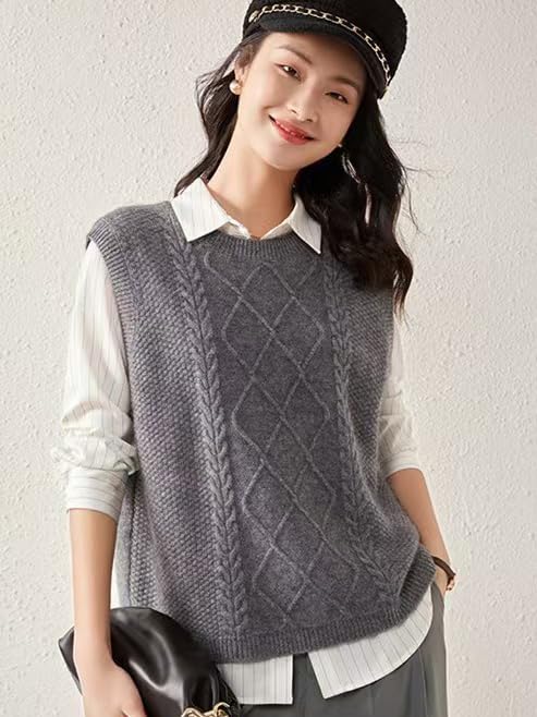 100% Merino Wool Sweaters Women's Female Fall Winter Knitted Pullover Crew Neck Waistcoat Sleeveless Vest(WQ7050)3