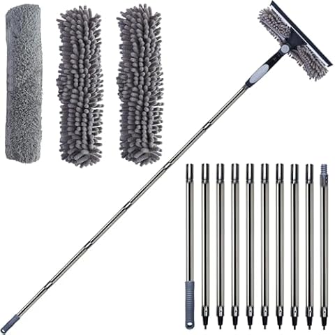 20+ Feet High Reach 2 in 1 Window Washing Squeegee & Duster with 3-12 ft Spliceable Extension Pole // Window Cleaning Kit with 3 Replace Pad for Home Indoor Outdoor Window Washing (Gray) Cover