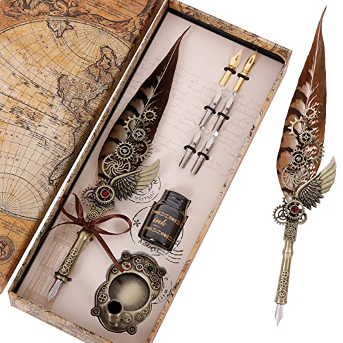 Quill Pen ink Set-Feather Pen Set, Calligraphy Set,Includes Quill Pen,6 Replacement Nibs, Pen Stand Base,15ml Ink,Handwriting Lovers Birthday Gift