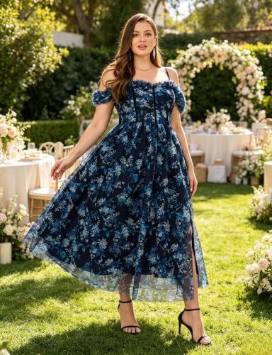 Image of EYWOL Plus Size Formal Wedding Guest Cocktail Party Floral Dress with Slit