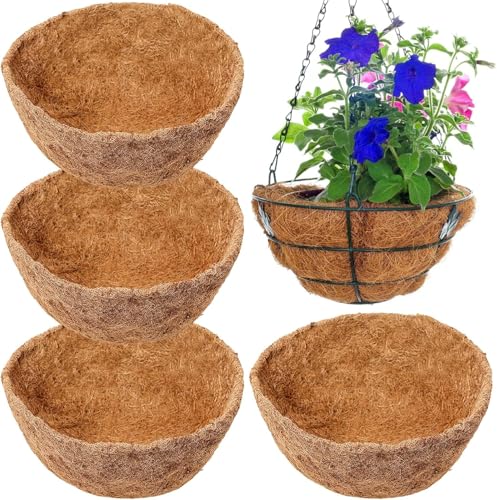 4 Pcs Round Hanging Basket Liners, 12 Inch, Natural Coco Fiber, Wall Mounted Coconut Fibres Planter Liner for Hanging Basket Indoor Outdoor Garden Flower Pot
