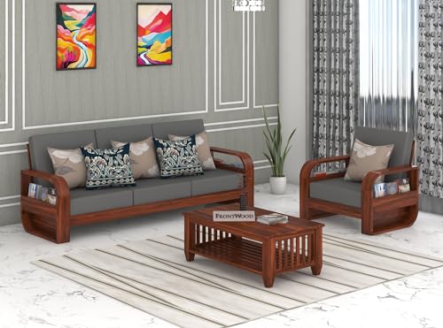 Image of Wooden 4 Seater Sofa Set with 40 Density Cushion for Living Room, Four Seater Sofa for Office & Lounge, 3+1 Seater Sofa Sets for Home, Sheesham Wood (Natural,Grey)