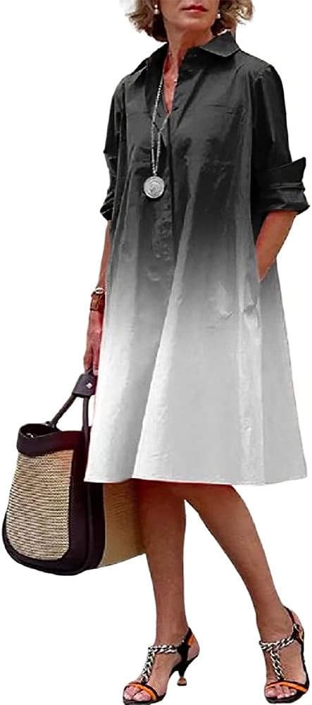 Womens Linen Long Sleeve Simple Printed Button Down Shirt Dress Plus Size Loose Shirt Dresses for Women with 2 Pockets