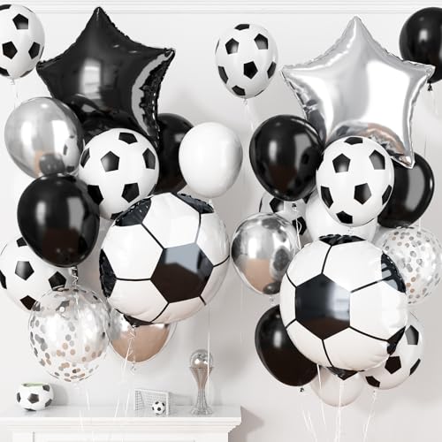 Image of Soccer Balloon, Black White Silver Balloon Soccer Sport Theme Party Balloon