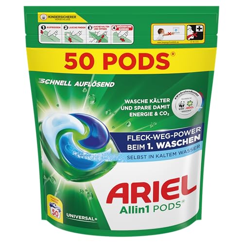 Ariel Allin1 PODS® Liquid Detergent Capsules 50 Washes, Universal+, Stain Away Power from the First Wash, Even in Cold Water
